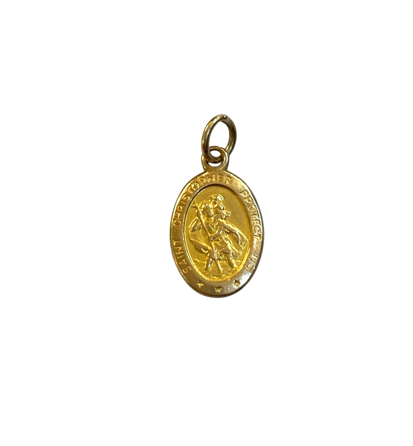 9CT VINTAGE SMALL ST CHRISTOPHER CHARM / PENDANT WITH WORDS ON THE RIM