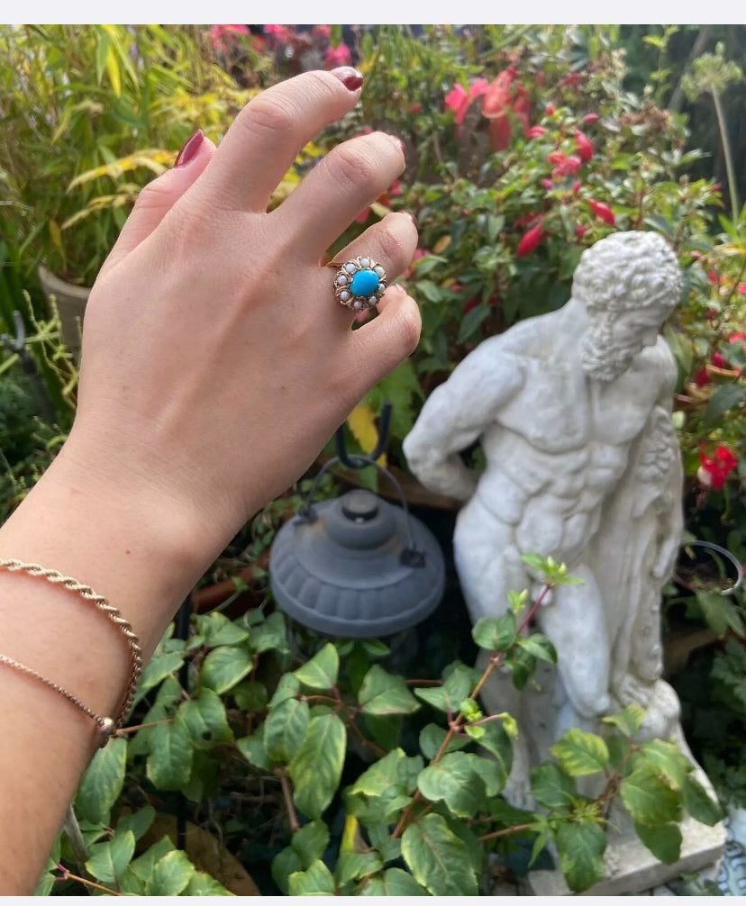 9ct vintage turquoise and pearl cluster ring size I