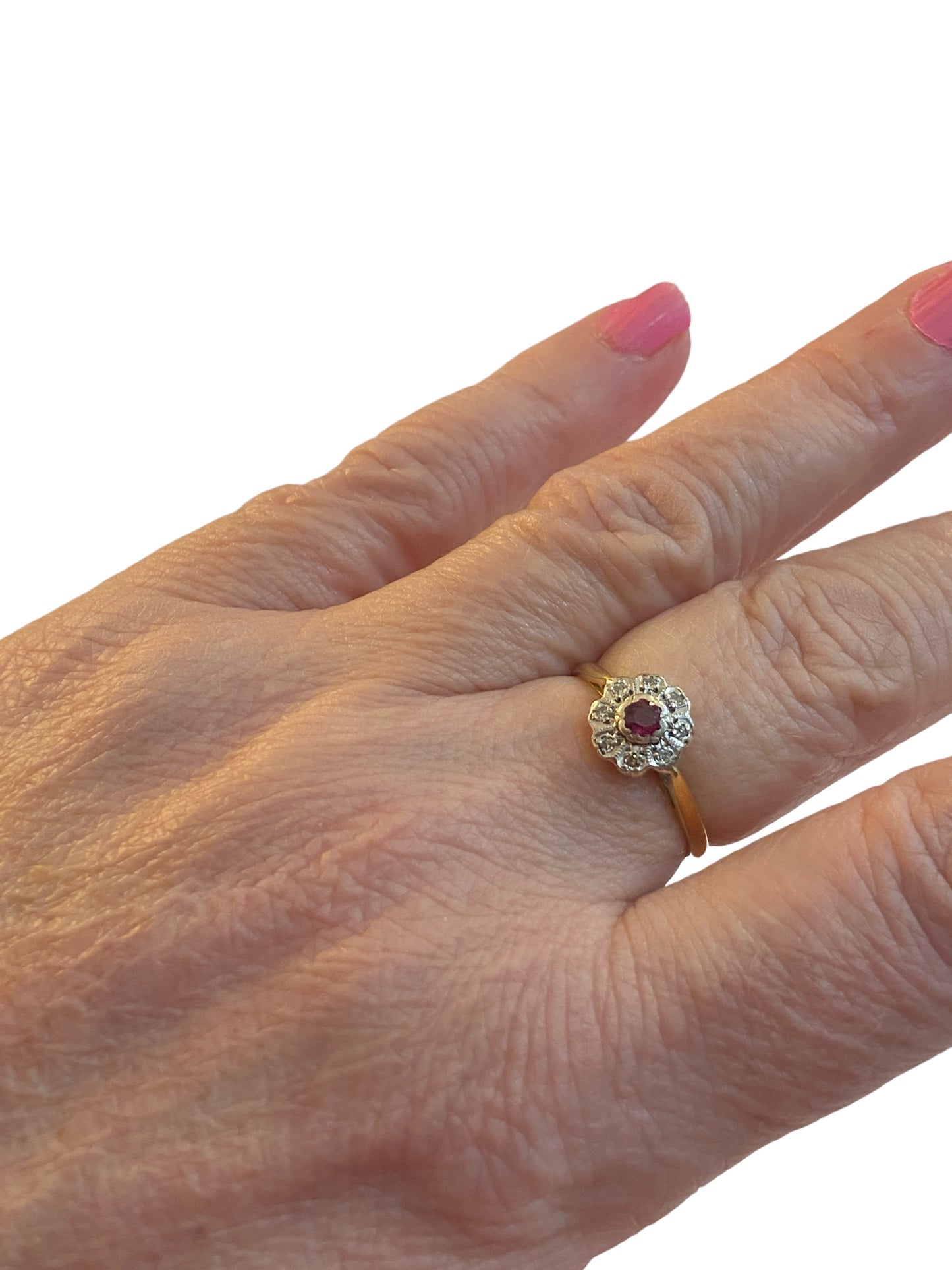 18ct and platinum ruby and diamond ring size O 1/2
