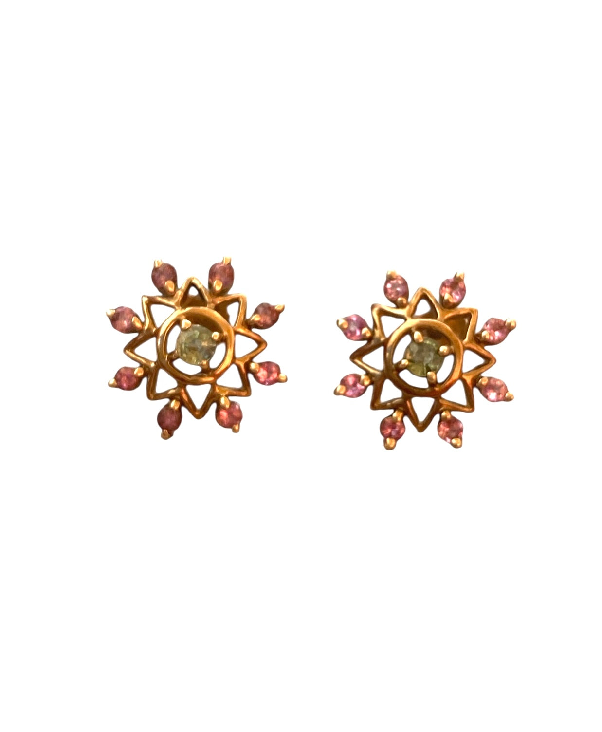 9ct pre owned snow flake design earrings with pink and green tourmaline