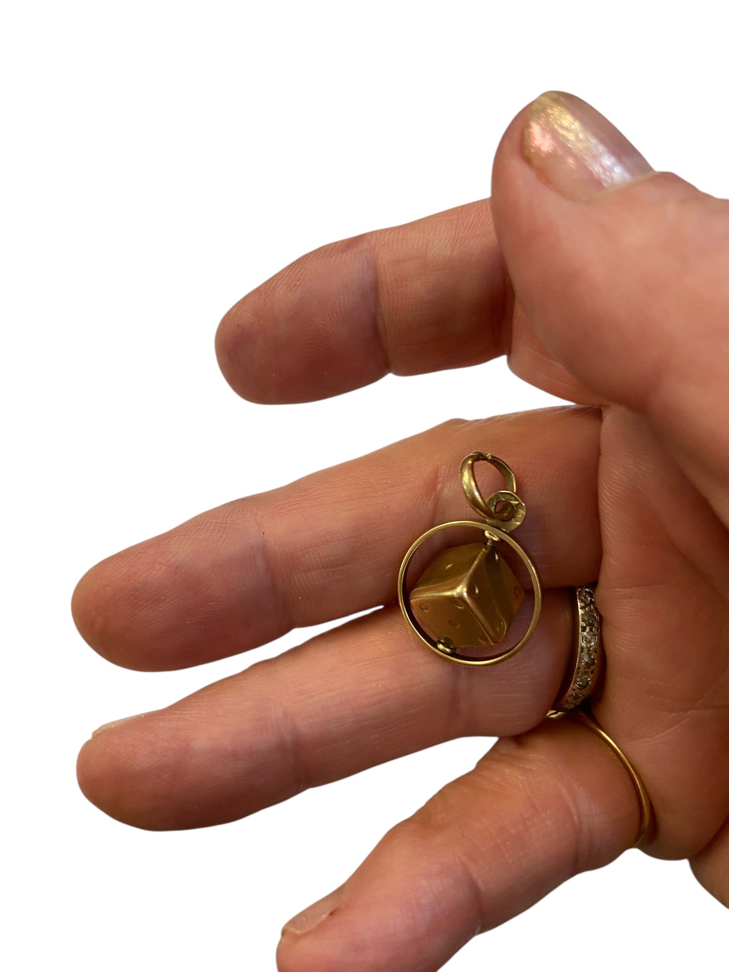 9ct vintage dice in disc charm / pendant. articulated maker STJ 2.4g circa 1978