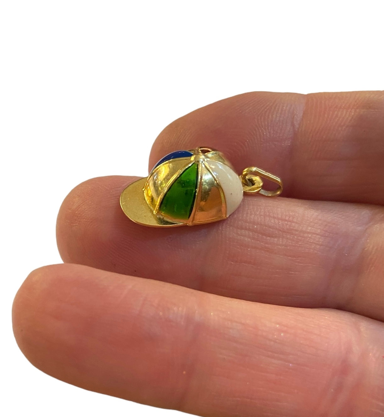 9ct yellow gold jockey hat charm with enamel panels