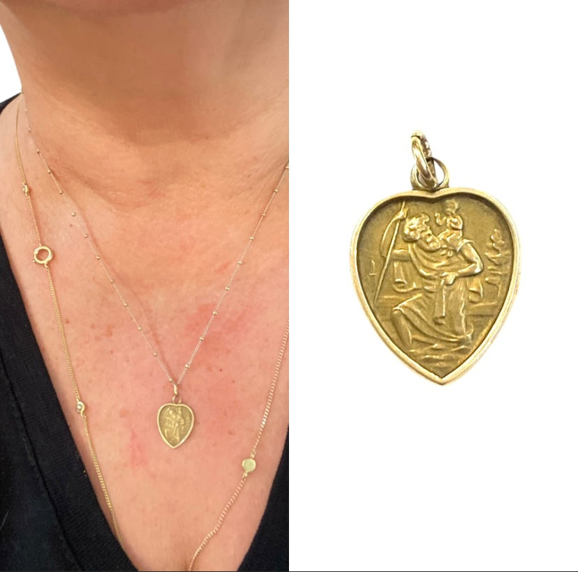 9CT VINTAGE ST CHRISTOPHER CHARM /PENDANT HEART SHAPE CIRCA 1962 1.4G