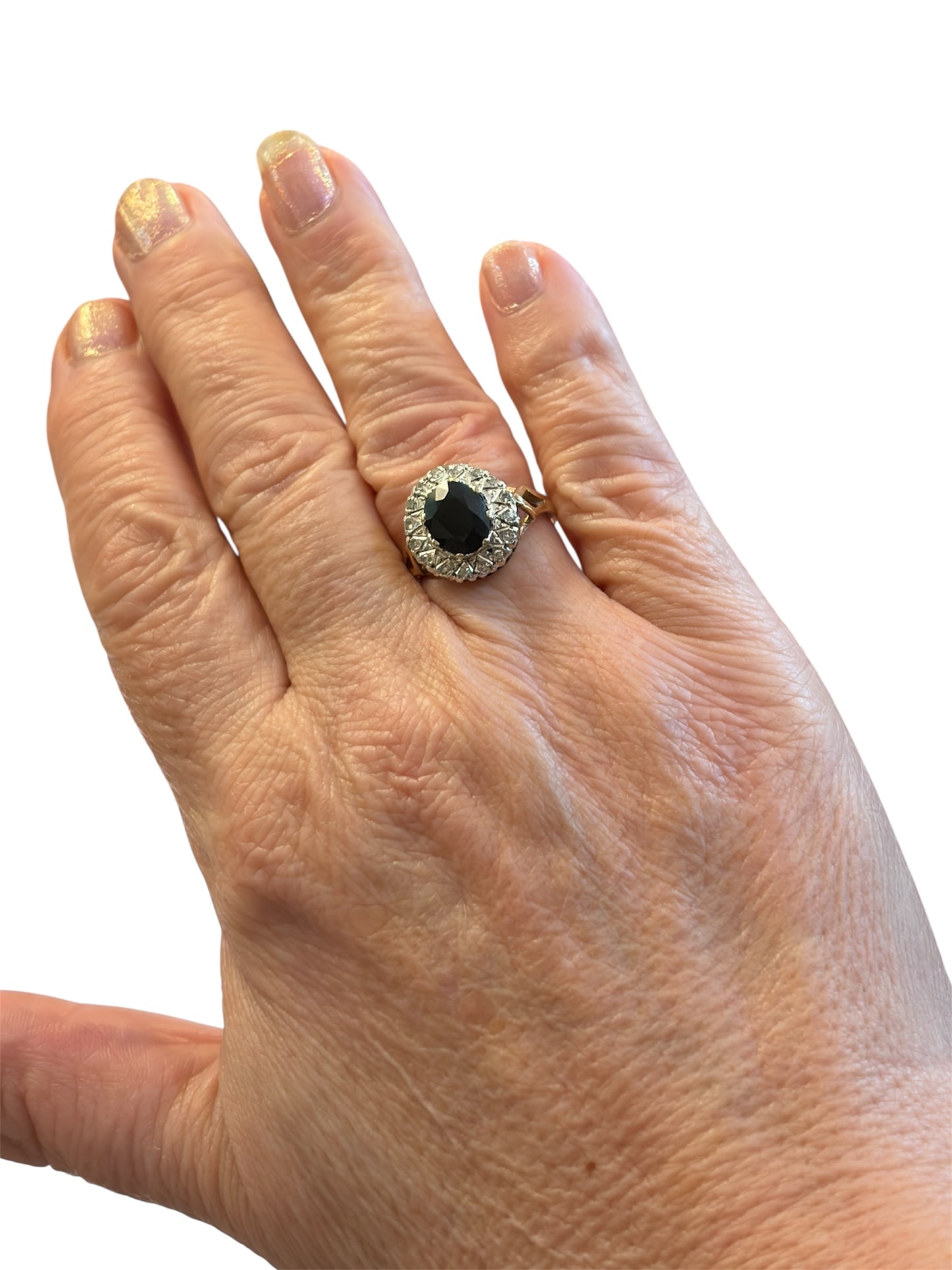 9ct vintage large sapphire and diamond ring size M 1/2 circa 1981