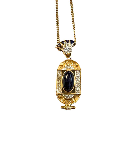 9ct vintage pendant and chain , lapiz and diamonds 16 3/4 inches