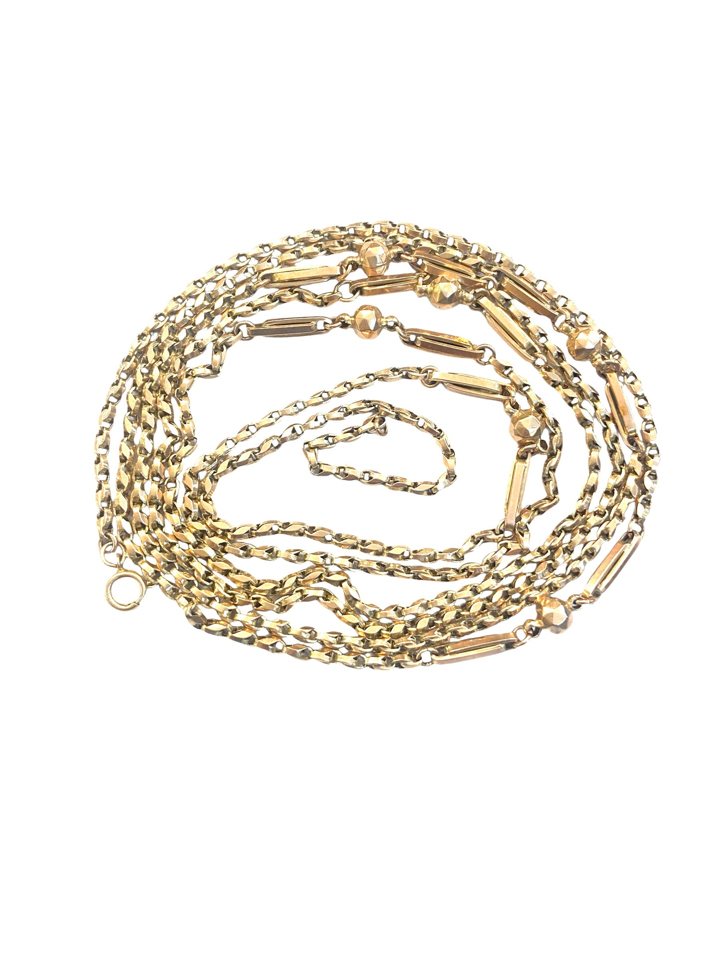 9ct antique long guard fancy chain, 60 inches long 30 grams