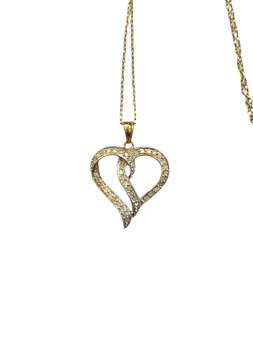 9ct vintage / pre owned double heart diamond pendant and 16 inch chain