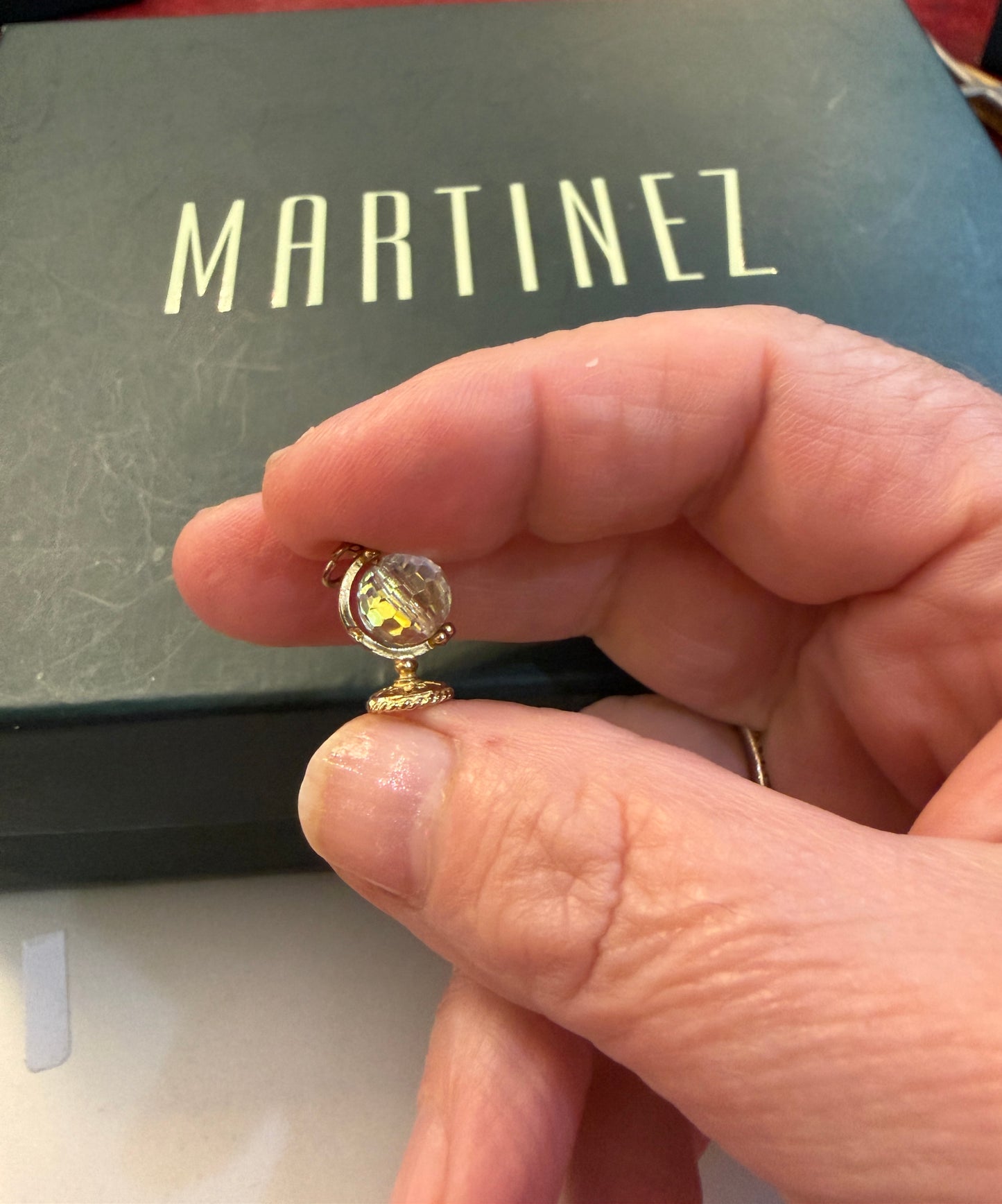9ct vintage globe charm with crystal, rotating,