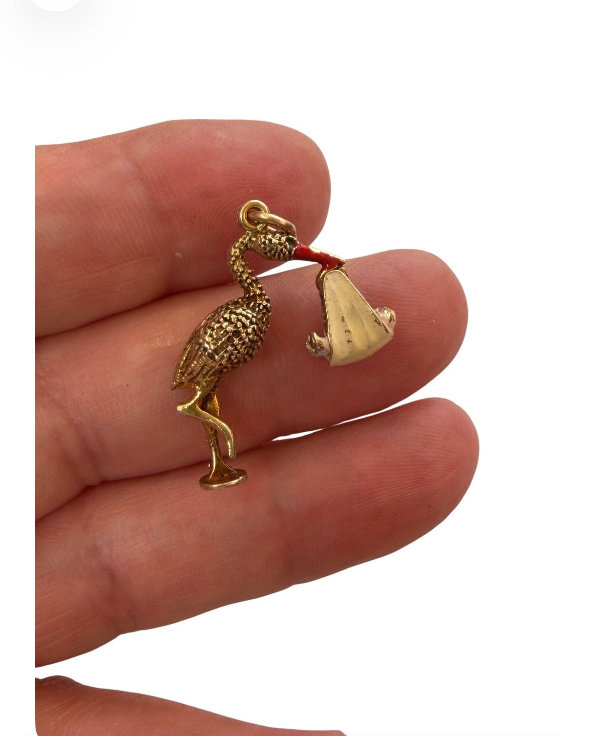 9ct vintage stork charm / pendant with baby. circa 1968 maker Georg Jensen 4.53g