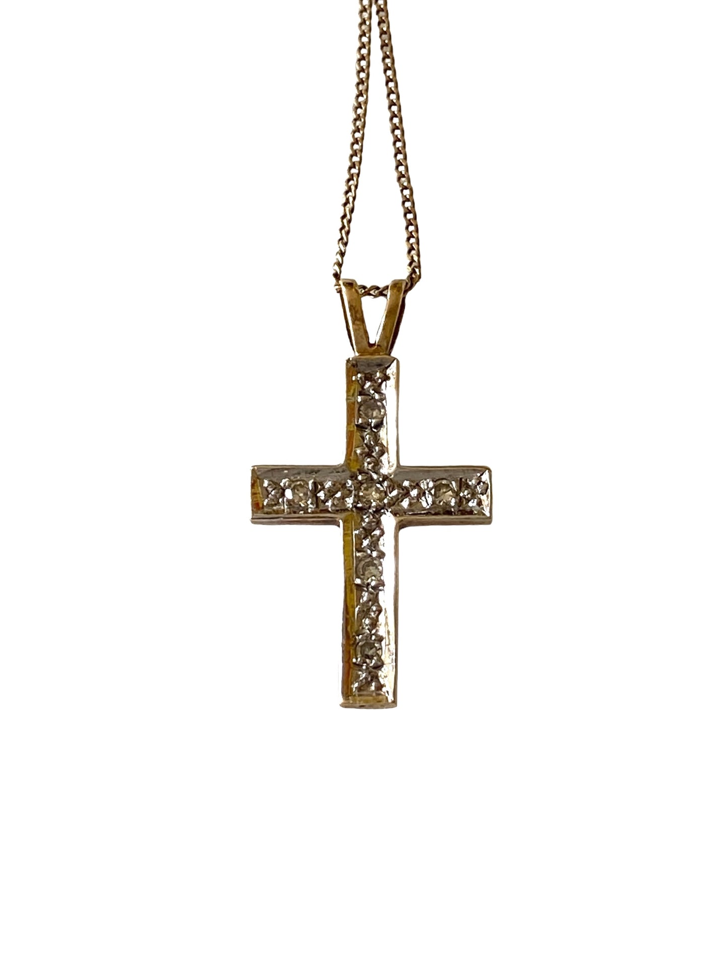 9ct pre loved diamond cross and chain yellow gold and white gold 18 inches