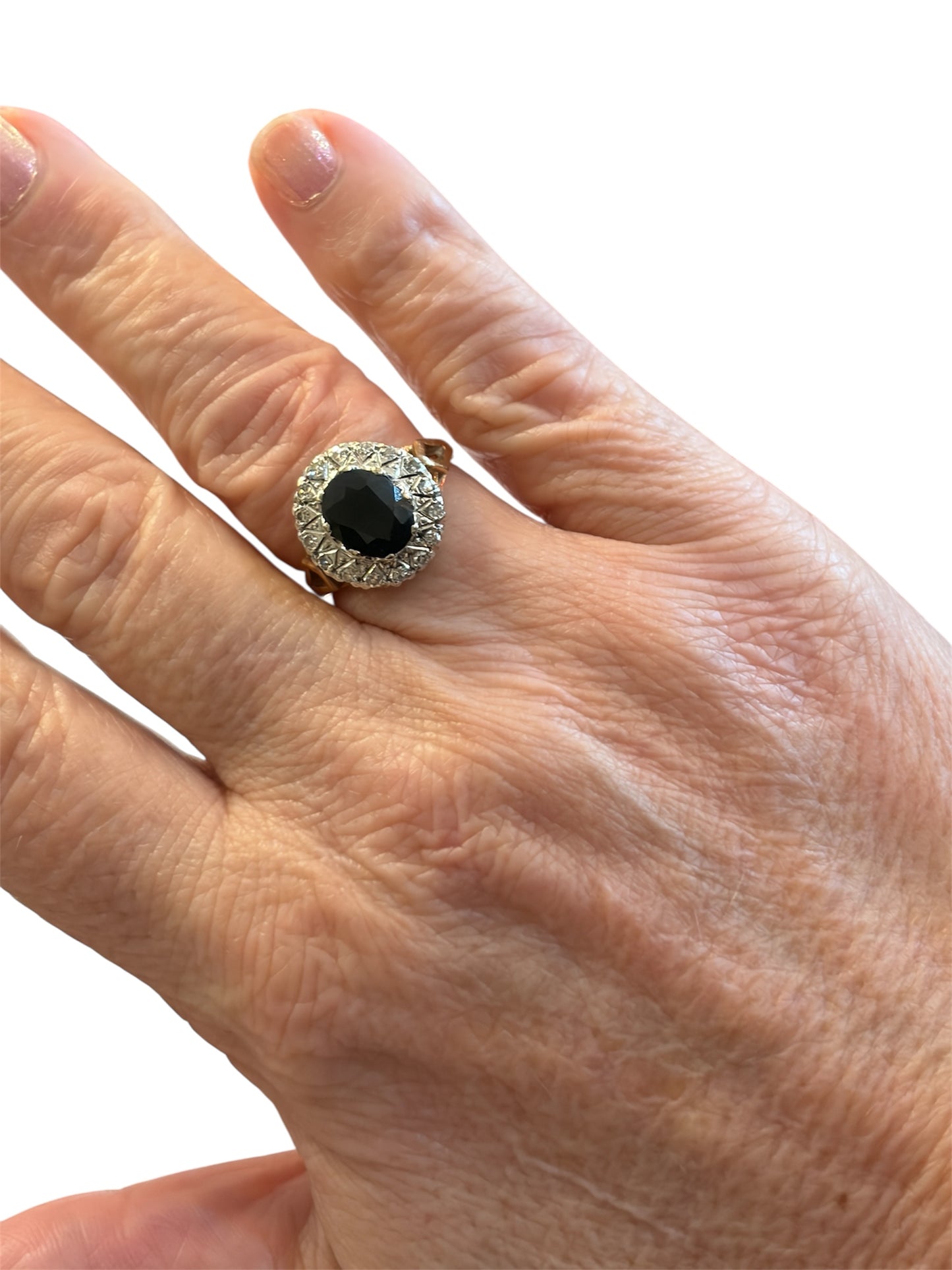 9ct vintage large sapphire and diamond ring size M 1/2 circa 1981
