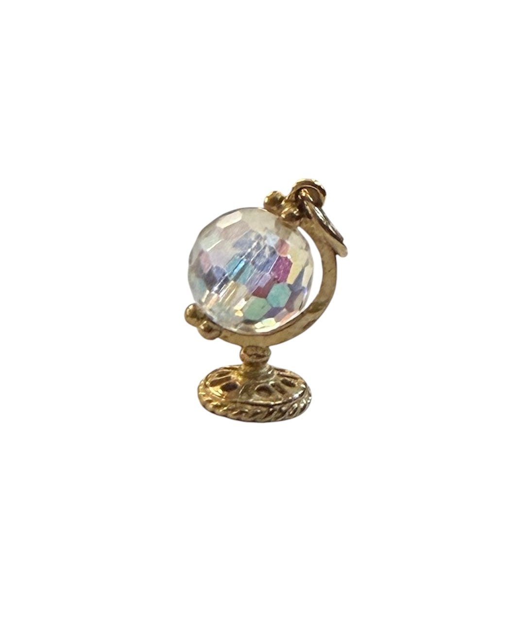 9ct vintage globe charm with crystal, rotating,