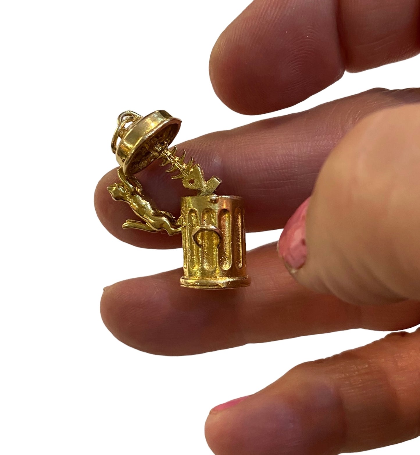 9ct vintage cat and bin charm opening with fish , circa London 1962