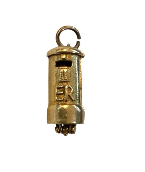 9ct vintage postbox charm opening with a postman holding a happy birthday card circa 1960