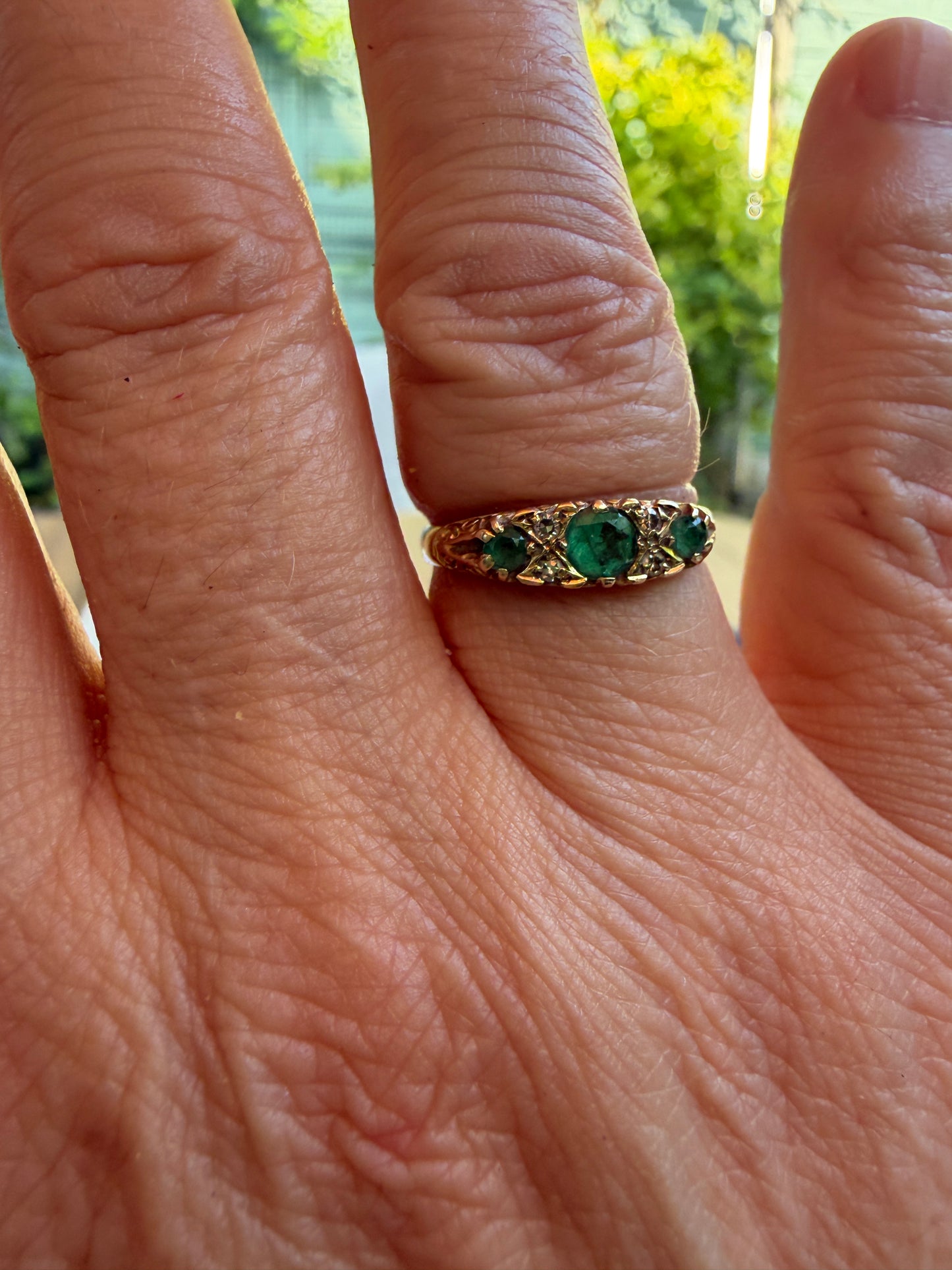 9ct vintage boat shape emerald and diamond ring size L 1/2