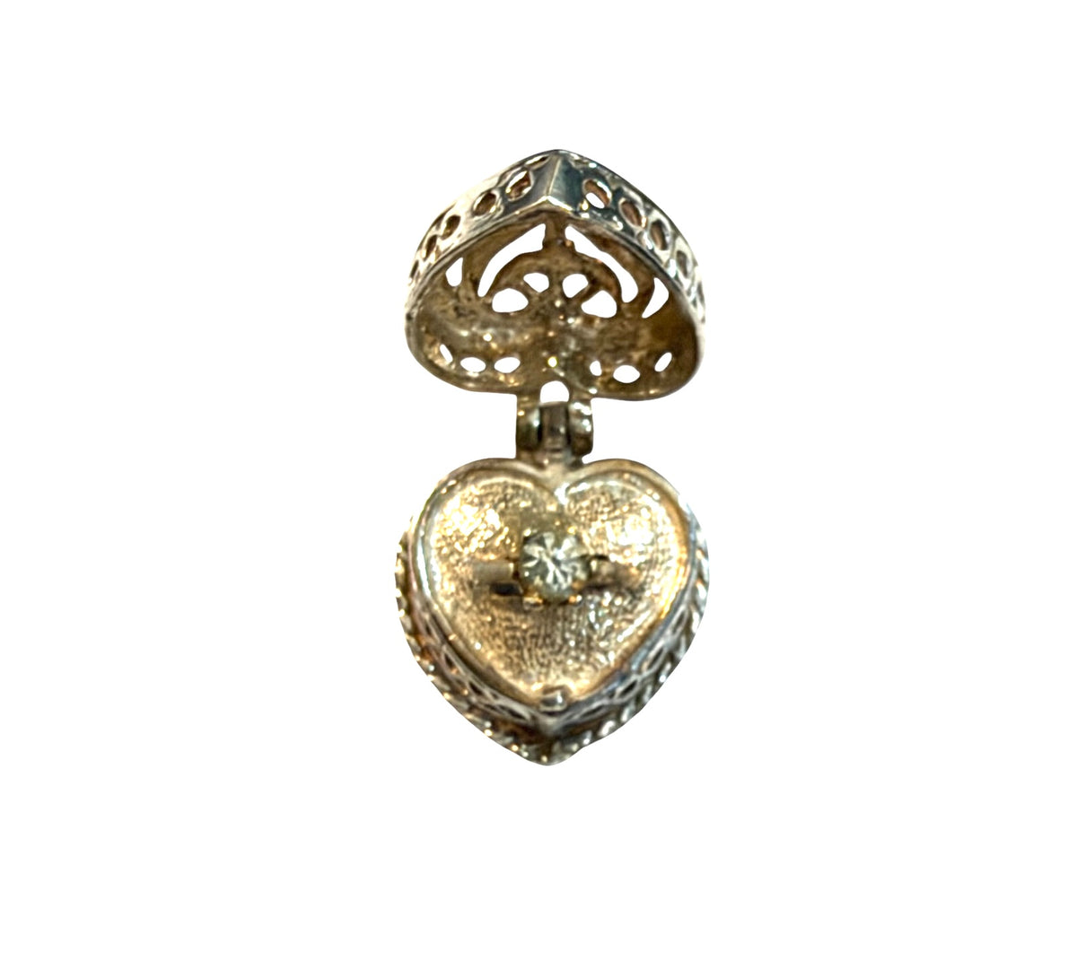 vintage silver 925 heart box charm with ring inside . 4.0g