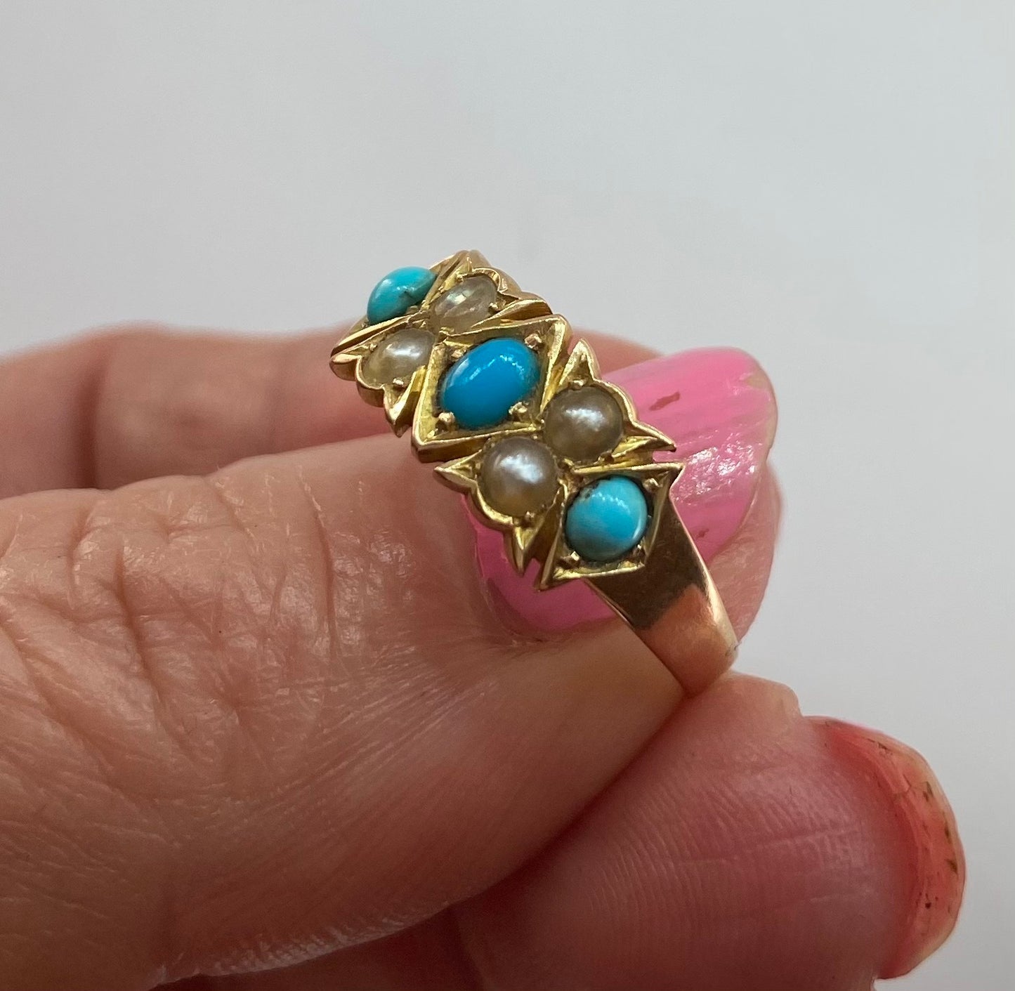 15ct Antique turquoise and seed pearl ring size R circa 1910