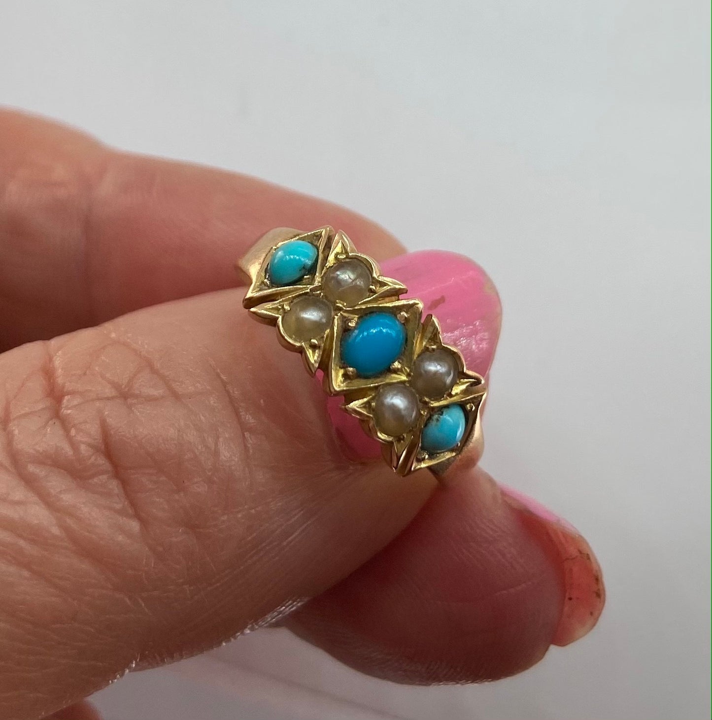 15ct Antique turquoise and seed pearl ring size R circa 1910
