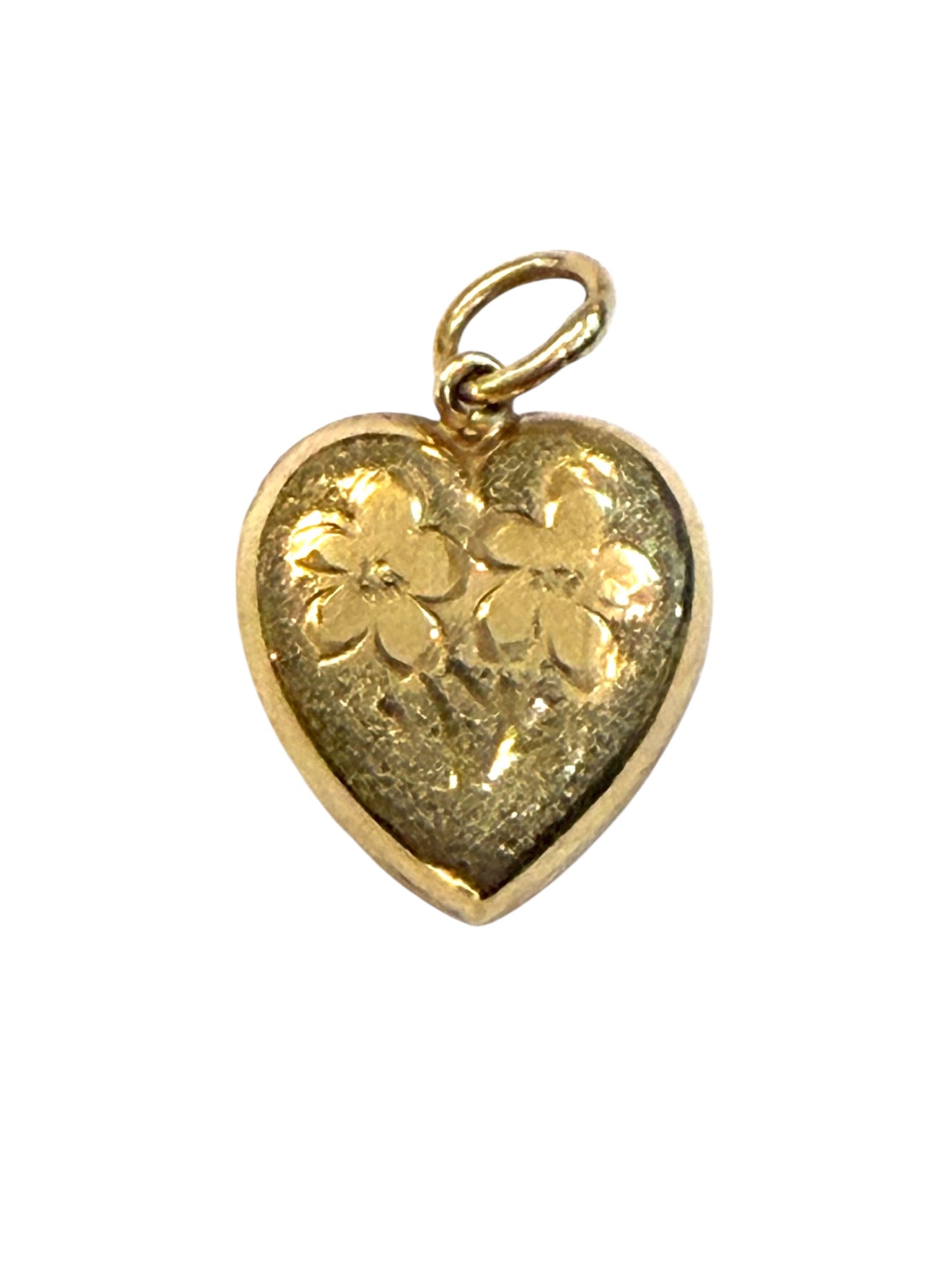 9ct vintage heart charm / pendant with pansy design. 'think of me' . hollow