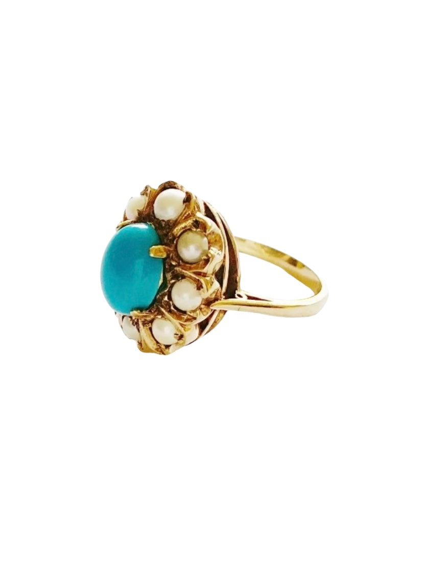 9ct vintage turquoise and pearl cluster ring size I