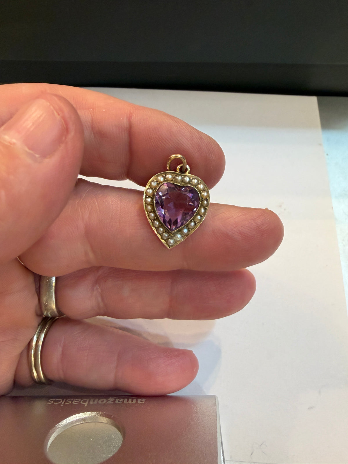 9ct antique heart charm pendant with amethyst and seed pearls