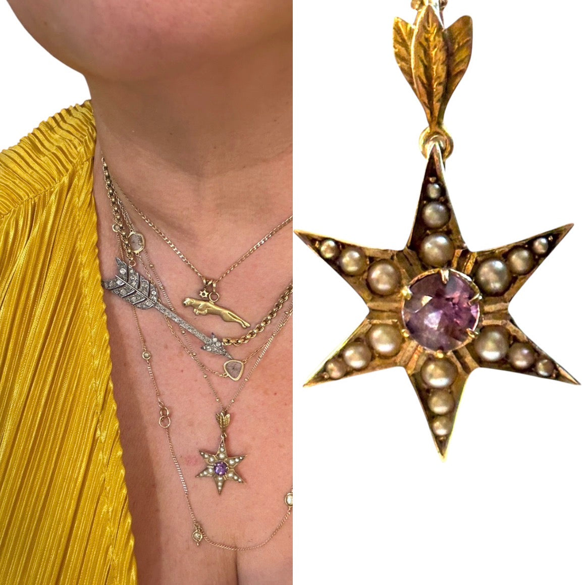 9ct vintage star pendant , with pearls and a central amethyst 3.05g