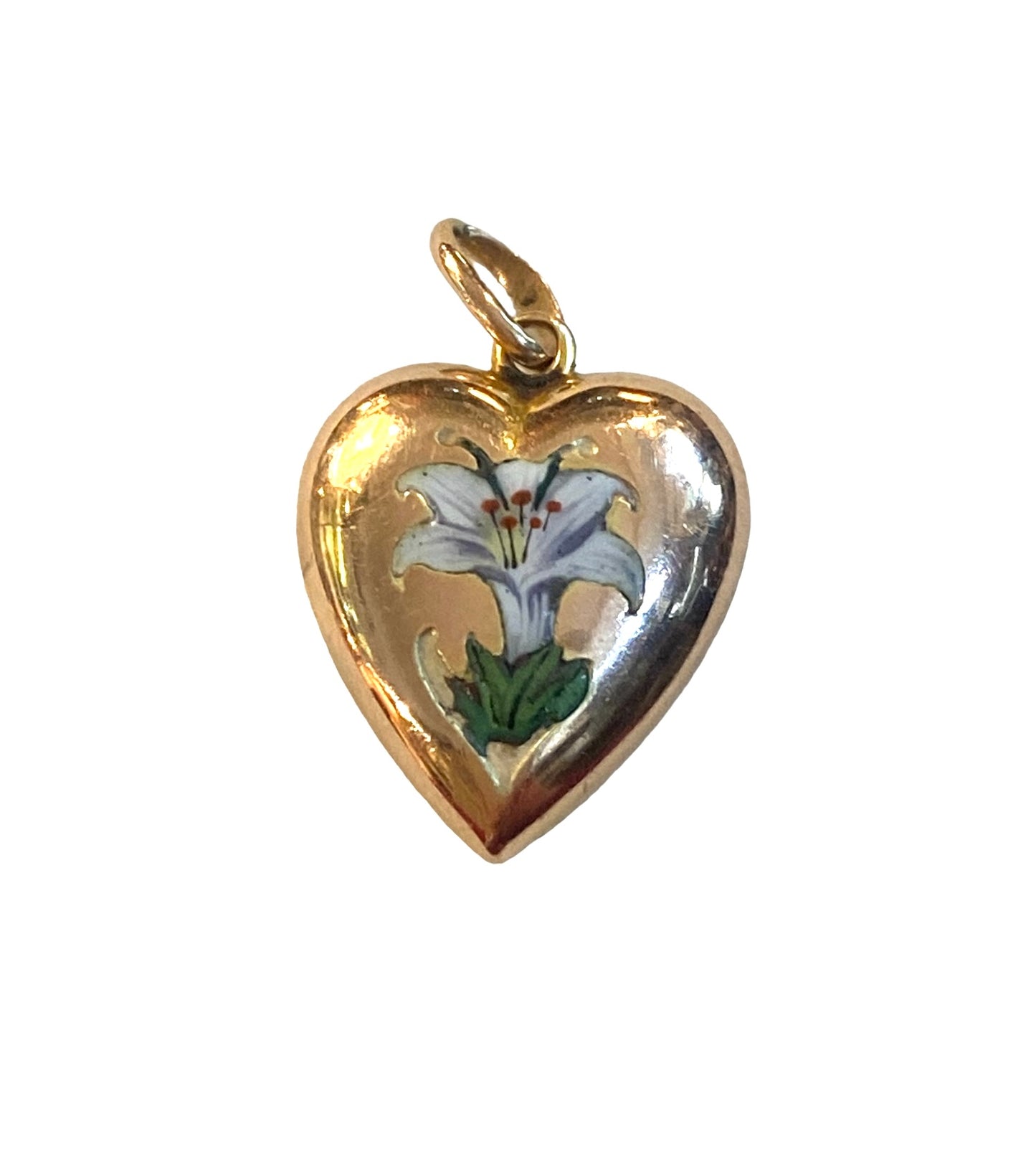 9ct Antique hollow heart pendant /charm with an enamel Lily flower