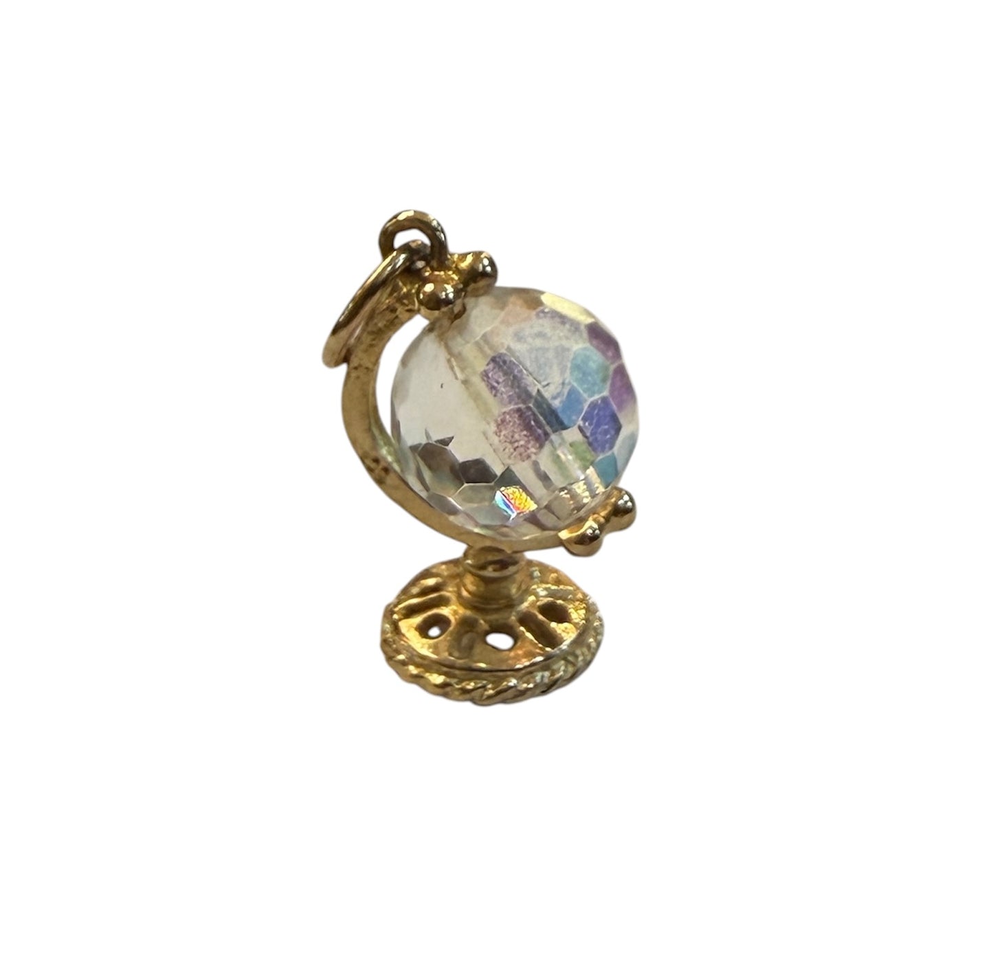 9ct vintage globe charm with crystal, rotating,