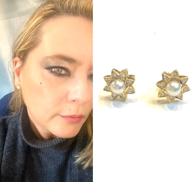 18ct 750 vintage gold pearl and diamond earrings / stud