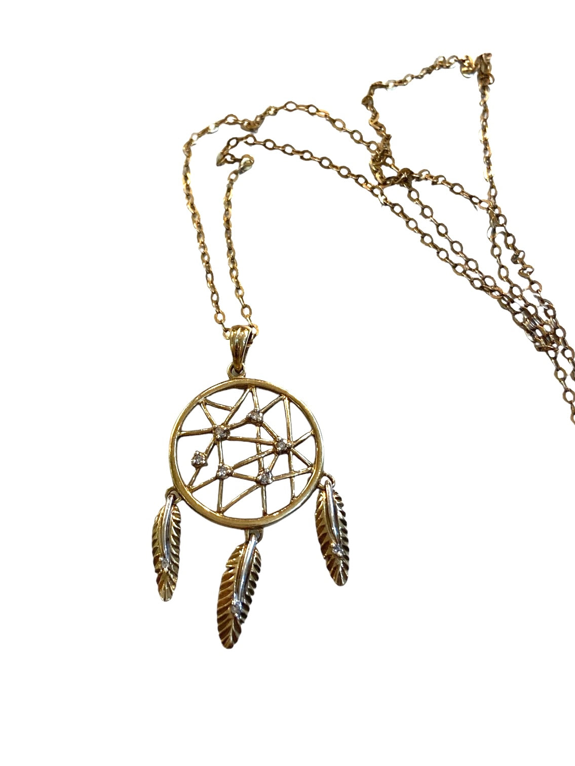 9ct vintage dreamcatcher with diamonds and 18 1/2 inch chain