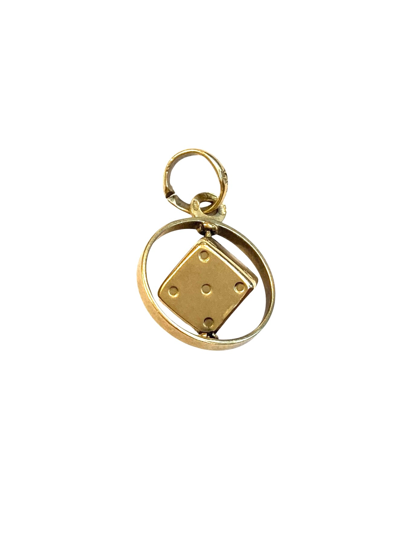 9ct vintage dice in disc charm / pendant. articulated maker STJ 2.4g circa 1978