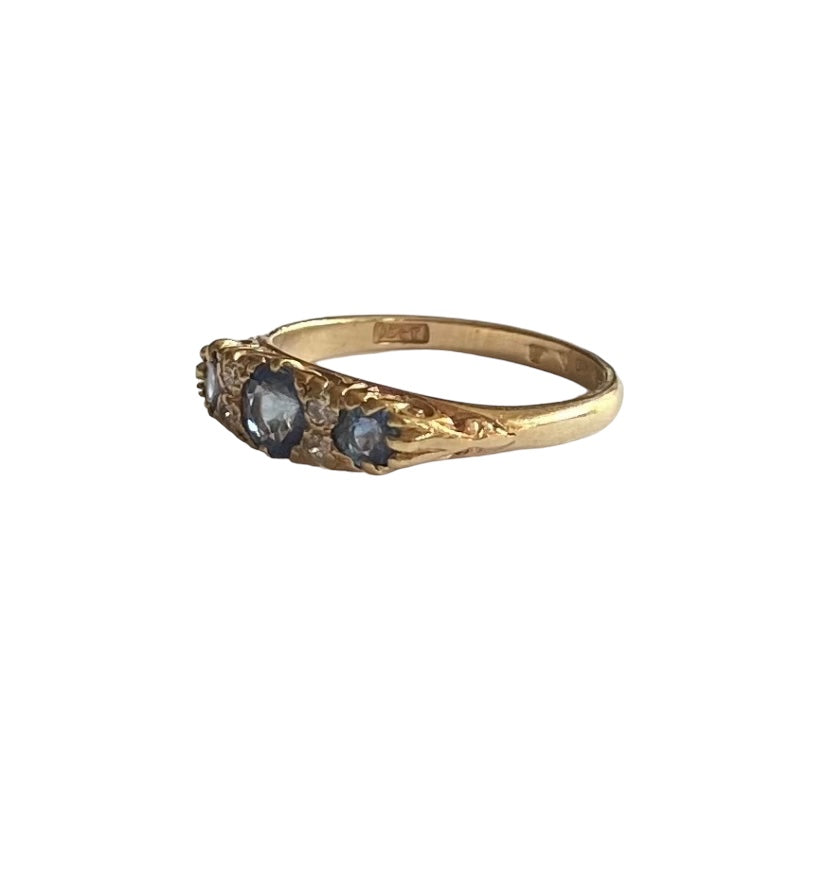 15ct Antique three stone sapphire and diamond ring size M 1/2