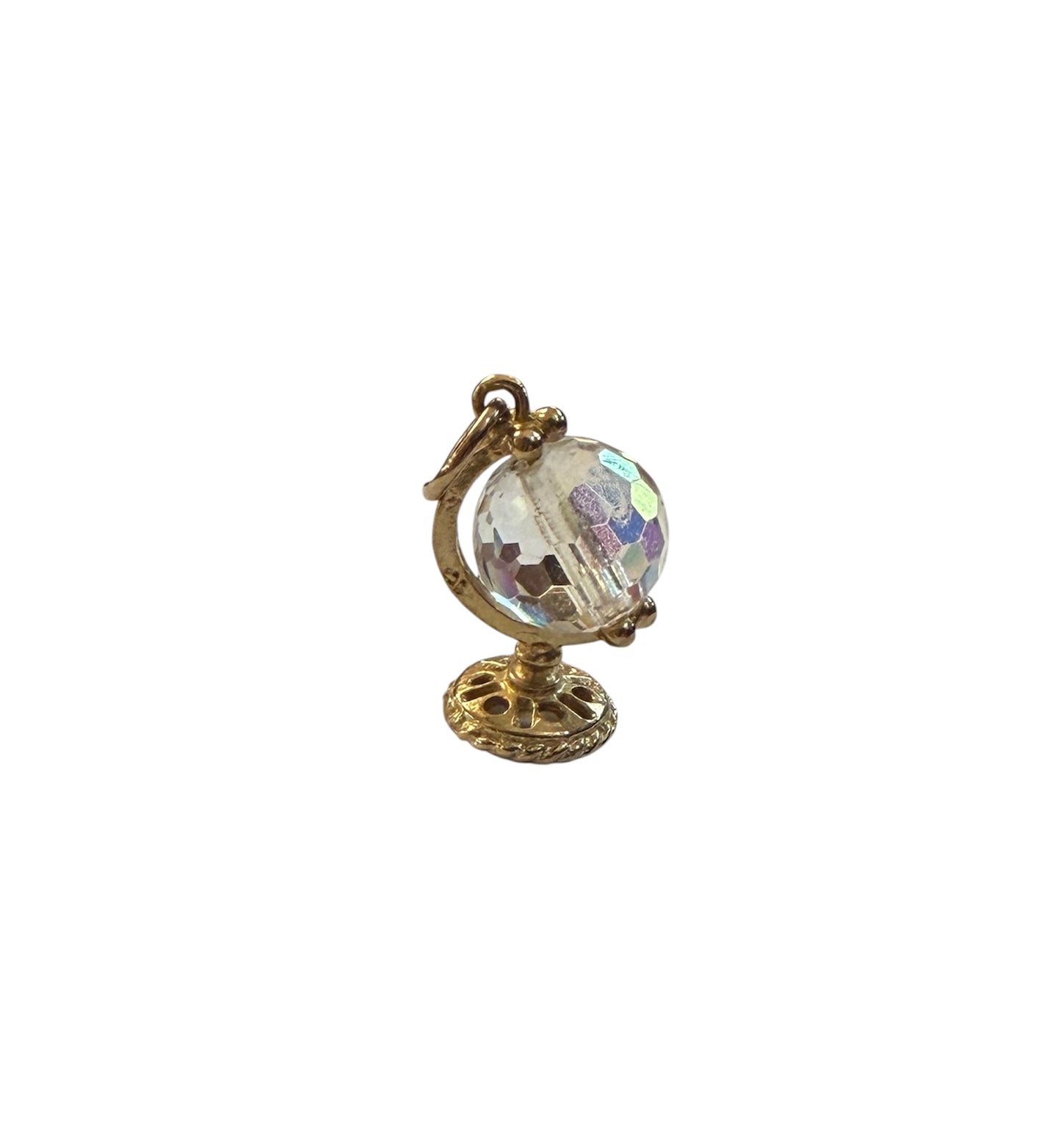 9ct vintage globe charm with crystal, rotating,
