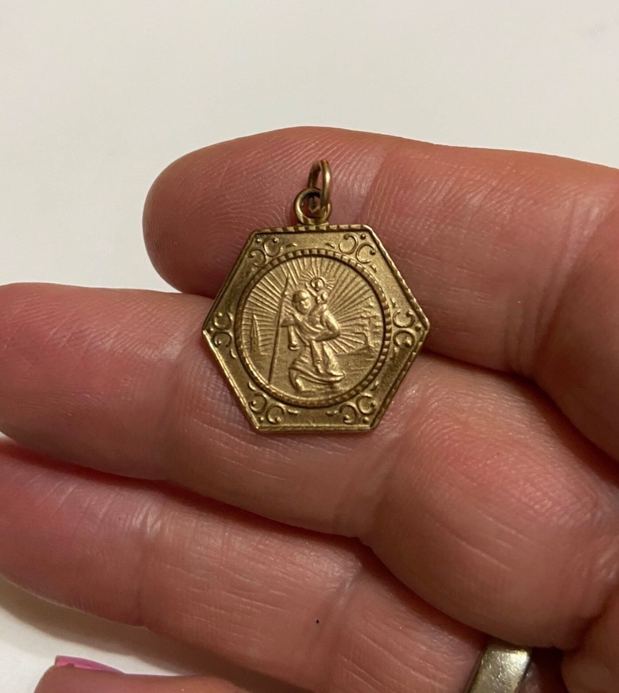9ct vintage hexagonal st christopher charm - pendant circa 1973