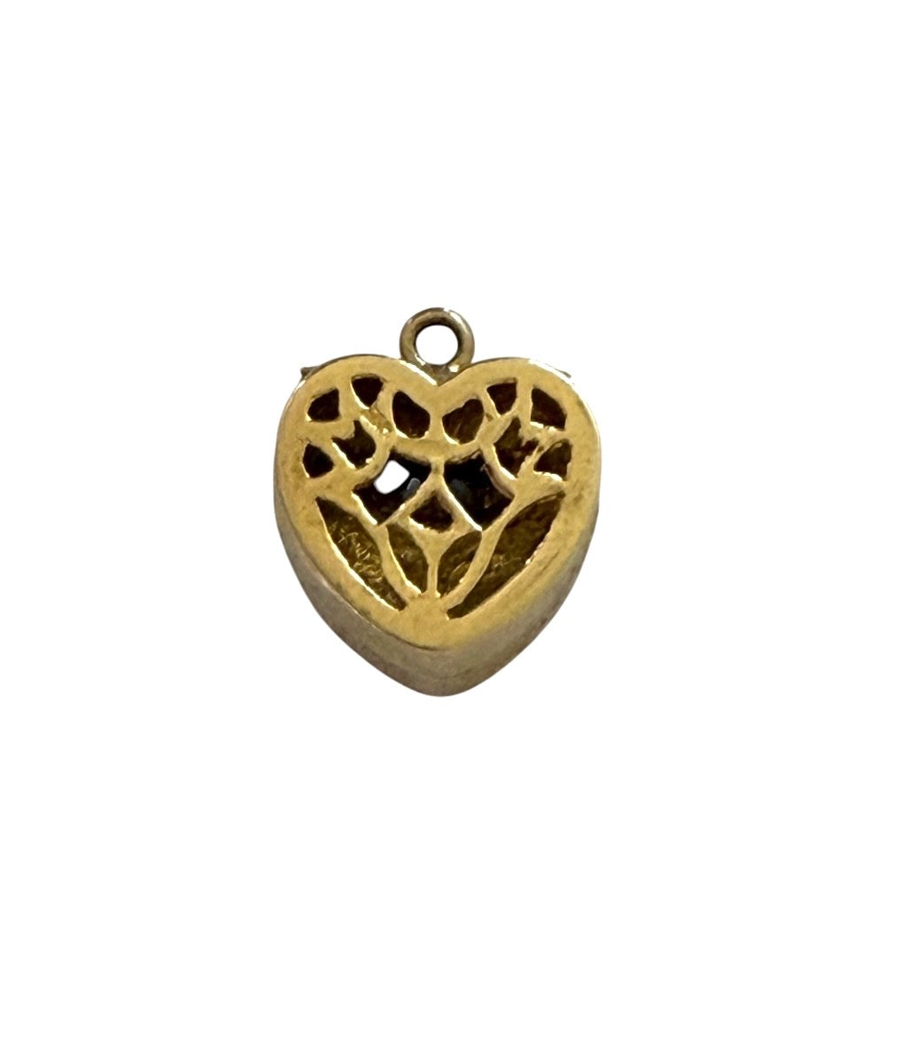 9ct vintage heart box charm, opening with a trilogy ring inside , 4.20g maker G&H