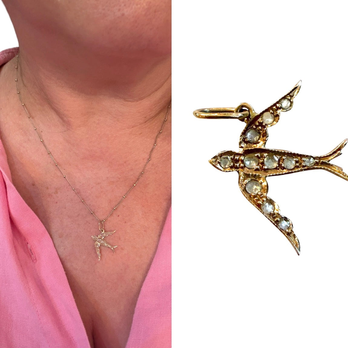 9ct vintage - preowned swallow / dove charm-pendant with rose cut diamonds.