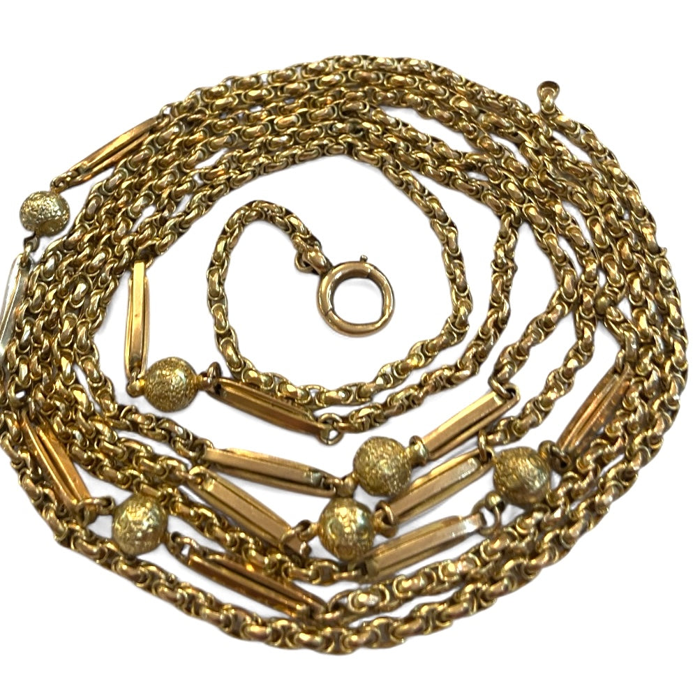 9ct Antique fancy link long guard chain. 57 1/2