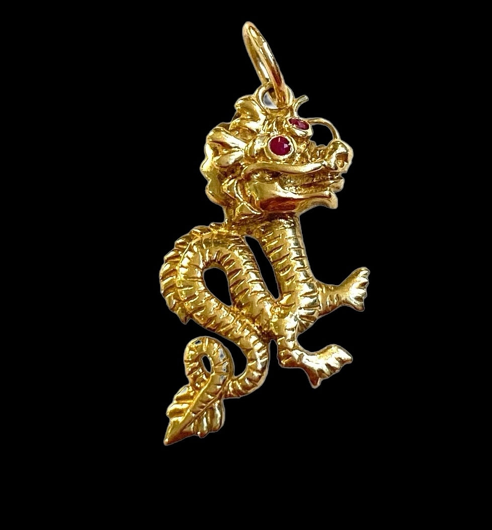 9ct vintage dragon chram / pendant . imperial dragon with ruby eyes