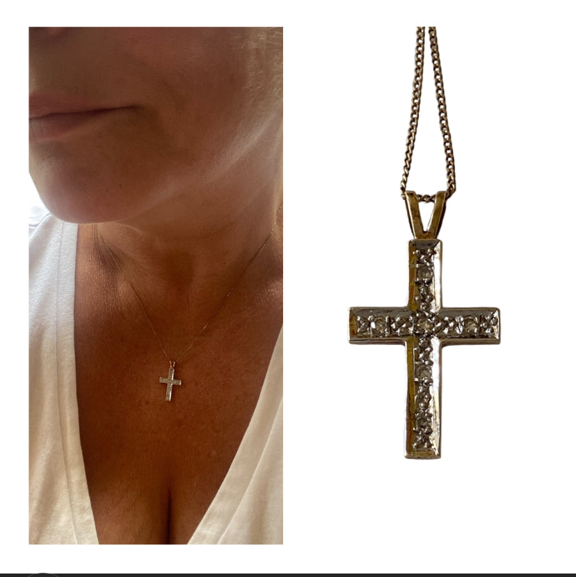 9ct pre loved diamond cross and chain yellow gold and white gold 18 inches