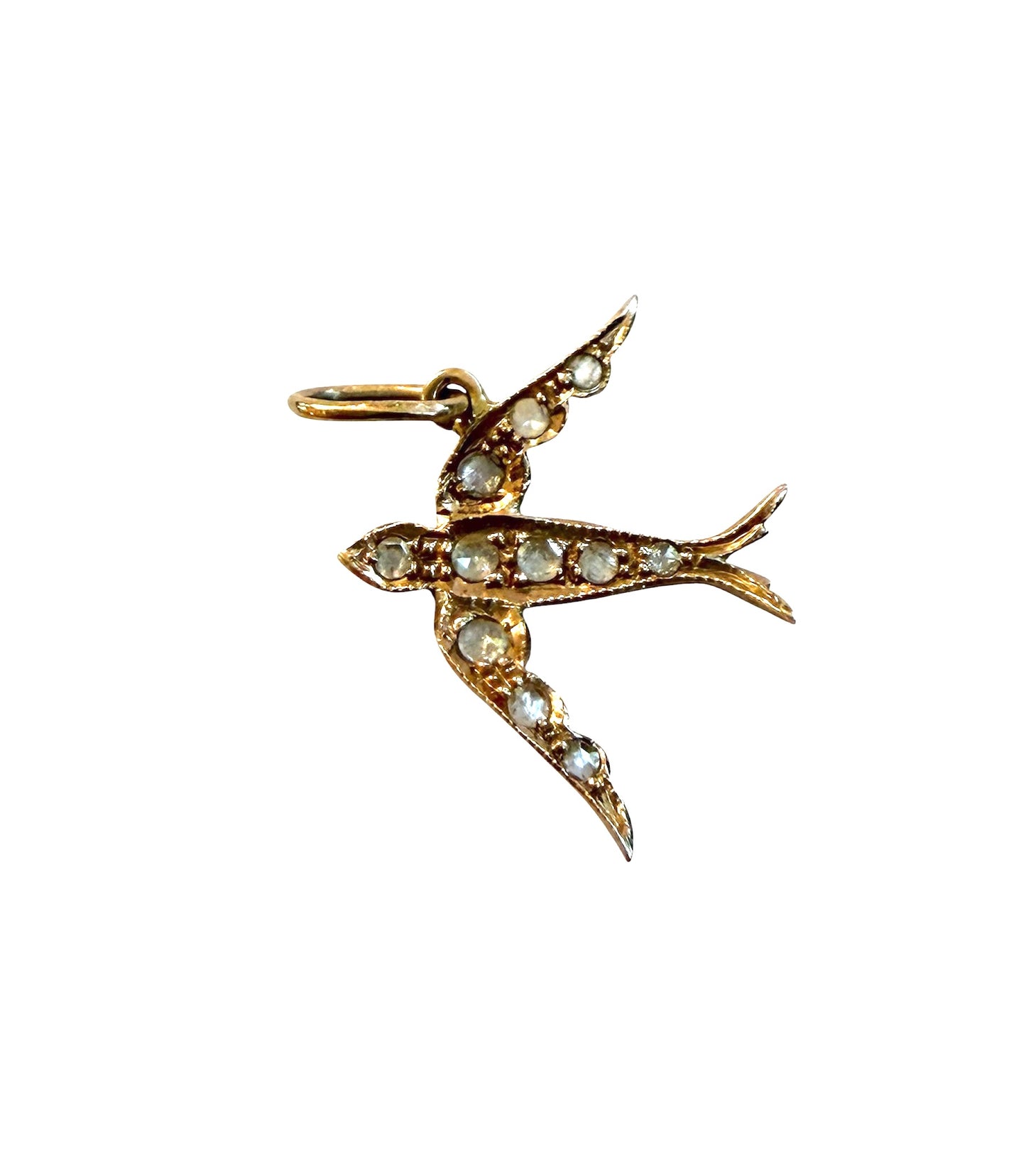 9ct vintage - preowned swallow / dove charm-pendant with rose cut diamonds.