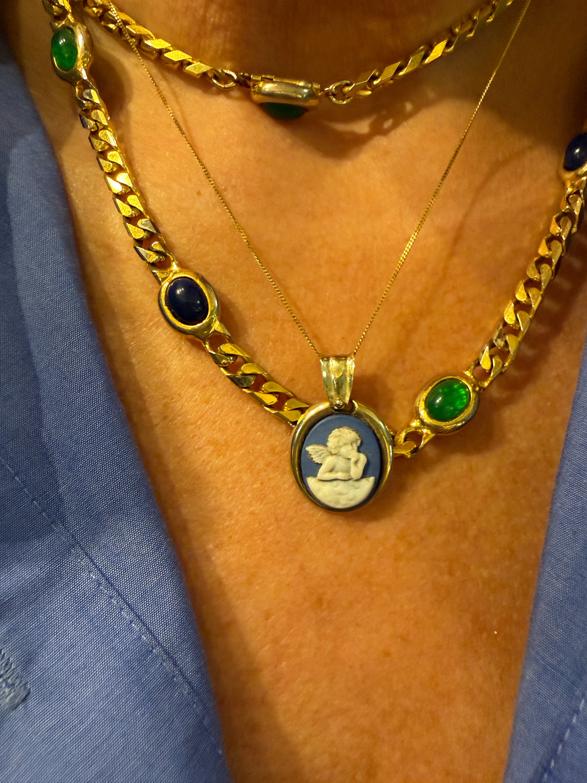 9ct vintage / preowned blue jasper guardian angel pendant and chain