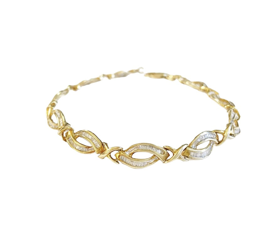 9ct vintage gold and baguette cut diamond bracelet