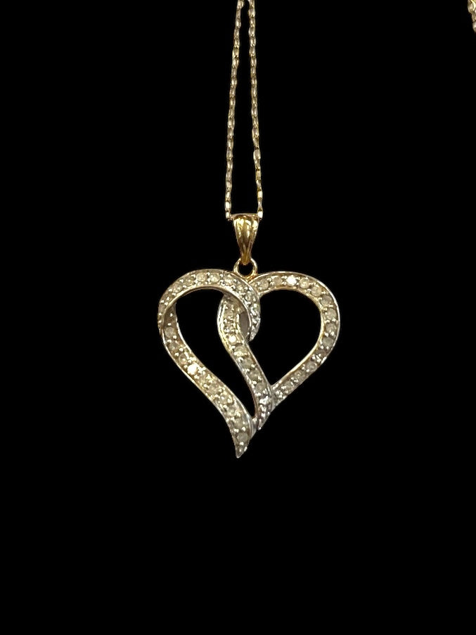 9ct vintage / pre owned double heart diamond pendant and 16 inch chain