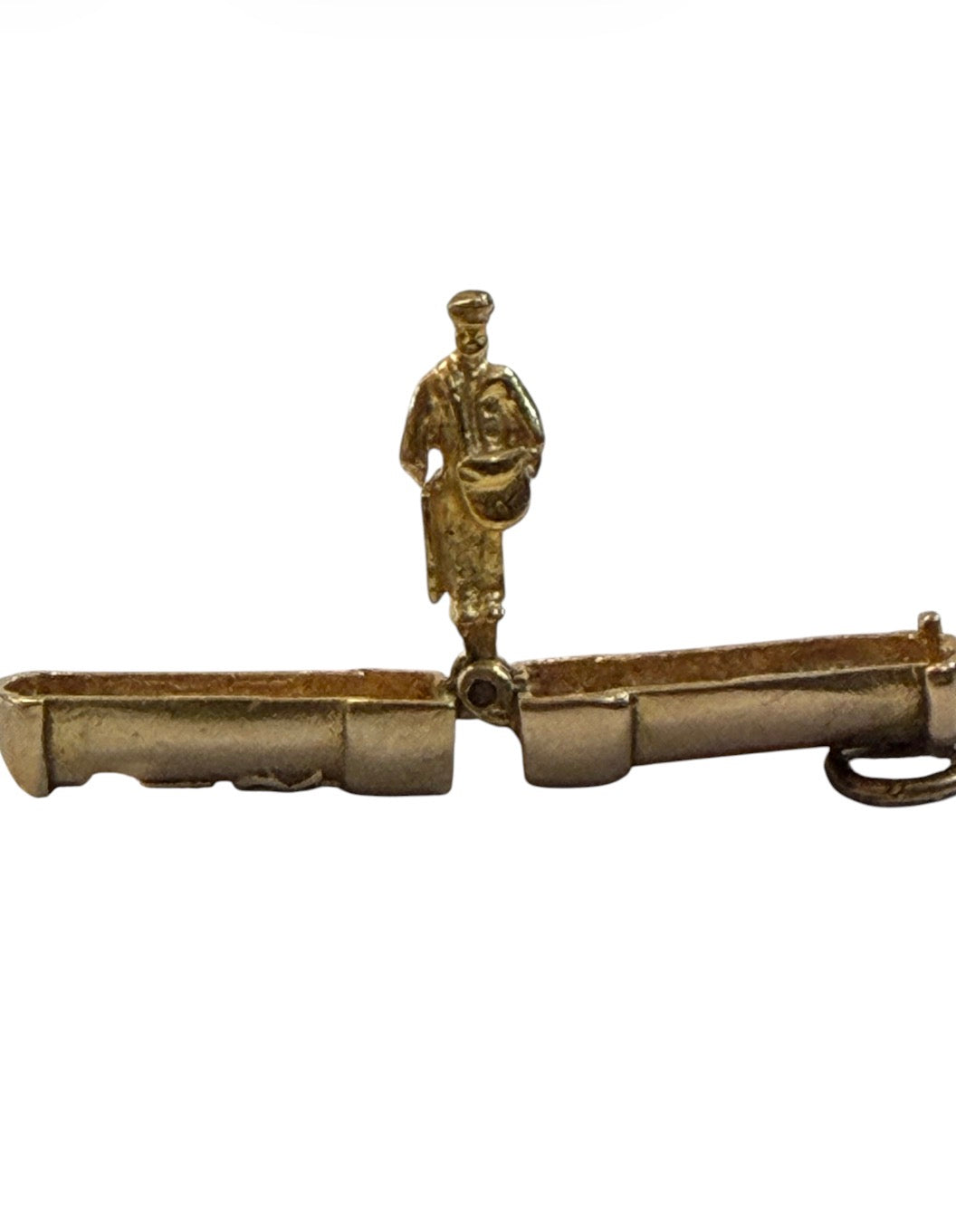 9ct vintage postbox charm opening with a postman holding a happy birthday card circa 1960