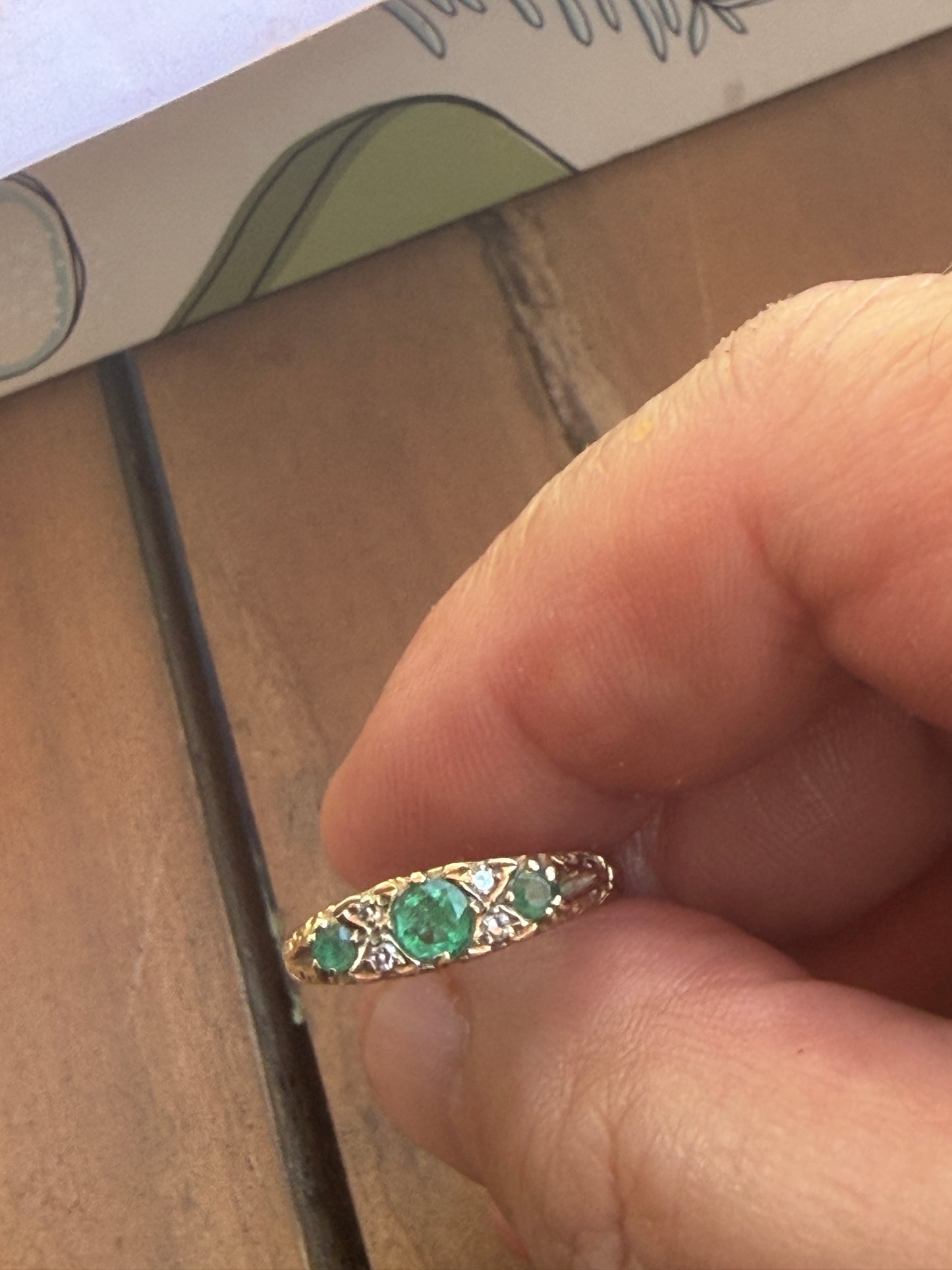 9ct vintage boat shape emerald and diamond ring size L 1/2