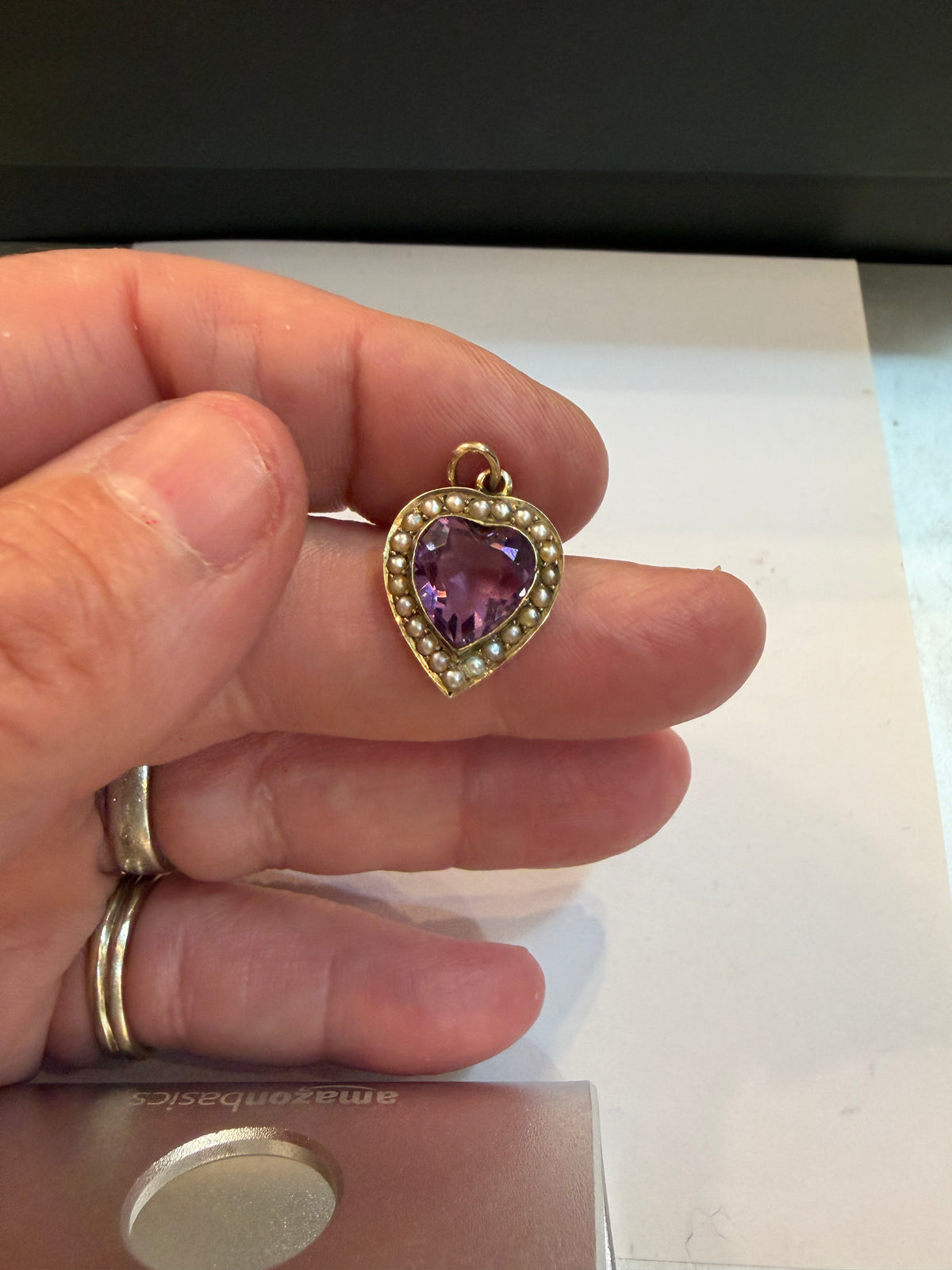 9ct antique heart charm pendant with amethyst and seed pearls