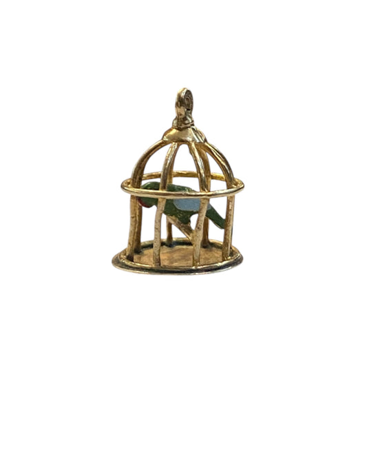 9ct vintage bird cage with an enamelled parrot inside circa 1969