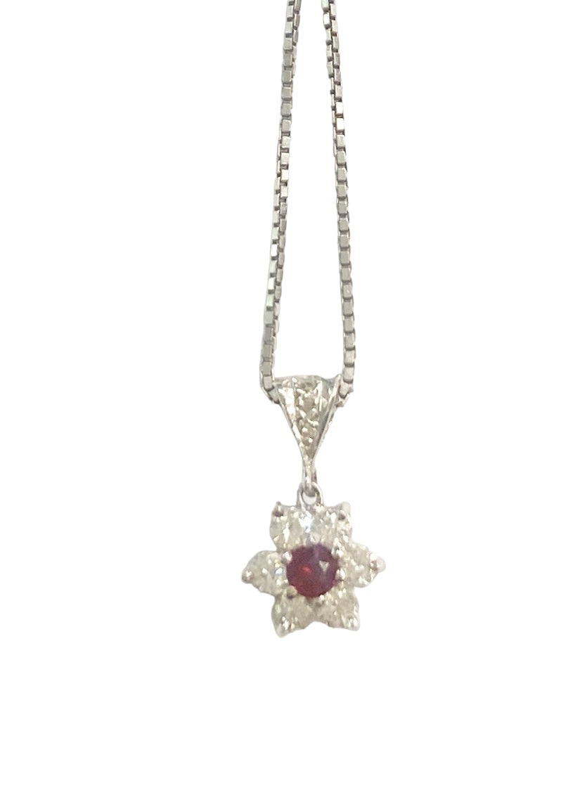 18ct vintage diamond and ruby pendant on chain 17 inches white gold