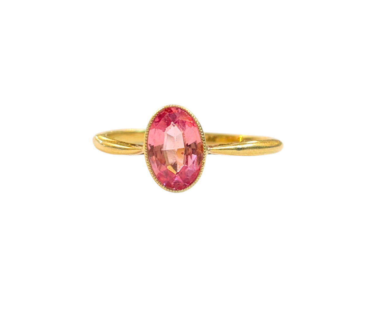 18ct vintage pink sapphire ring, 1ct sapphire, set in yellow gold ring size M1/2