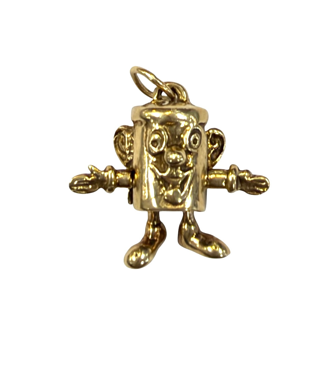 9ct 375 pre owned vintage dusty bin charm, articulated ,  2.4g